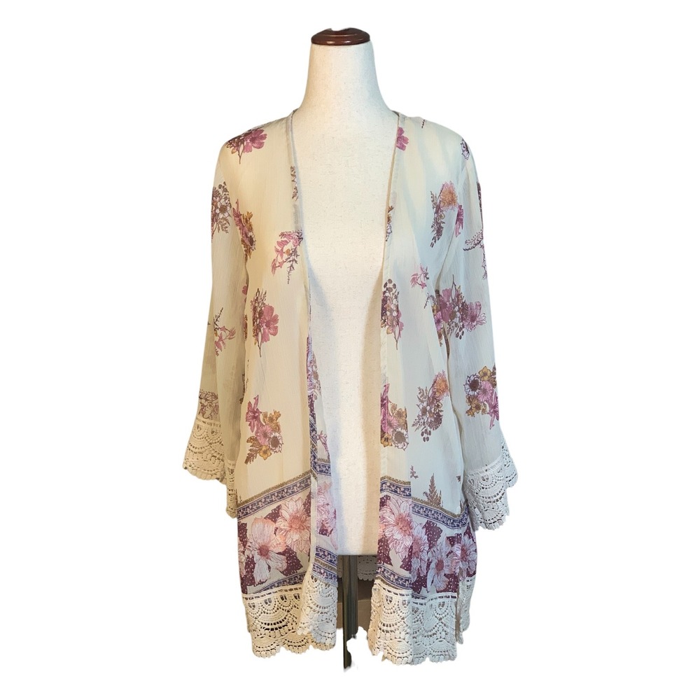 Rewind Floral Kimono Cardigan XS Cream Pink Crochet Lace Trim Boho Open Front